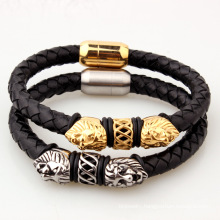 Hot Selling Jewelry Black Leather Cord Leather Braided Stainless Steel Jewelry Lion Head Bracelet Bangle